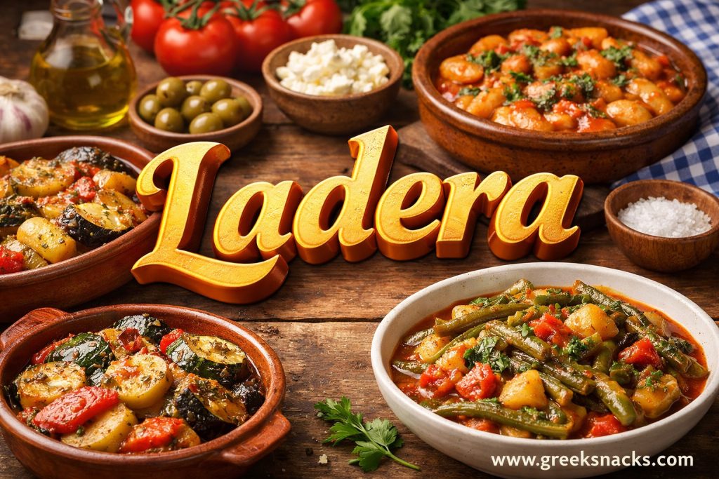 Delicious Greek Ladera dishes spread