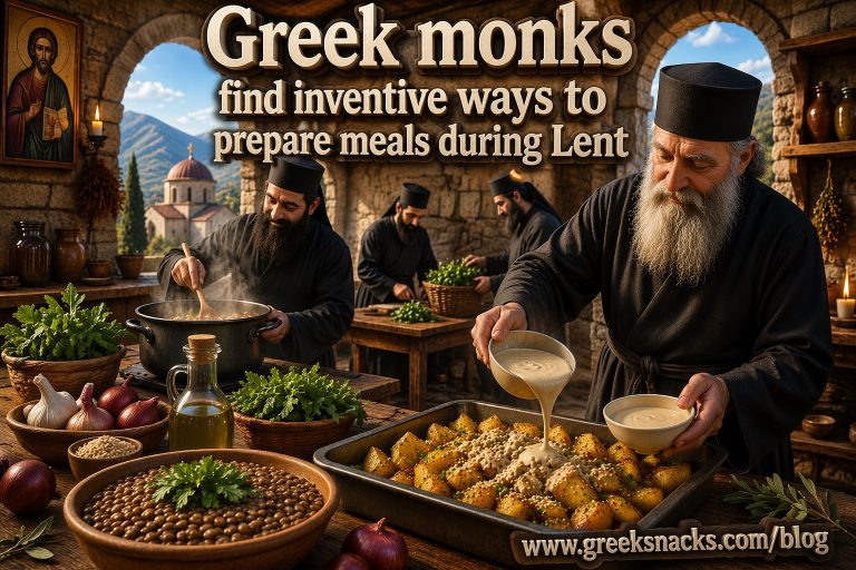 Greek monks preparing meals during Lent
